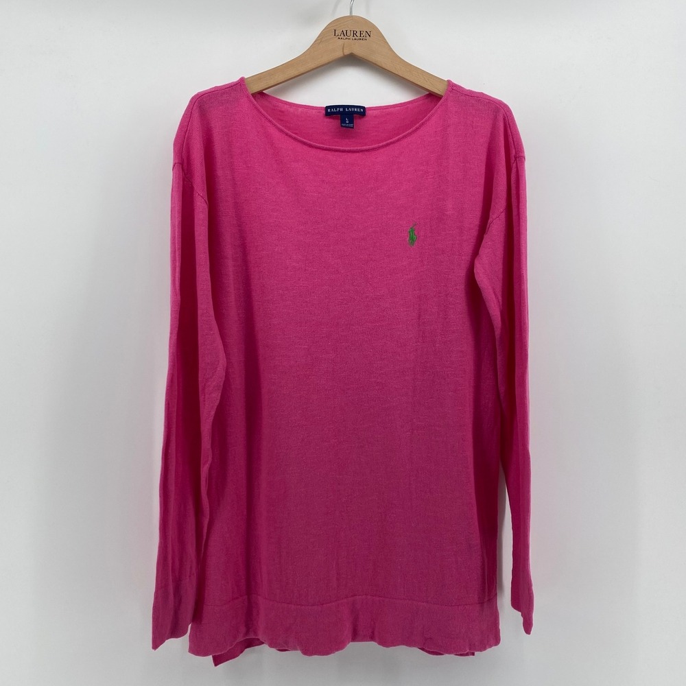 Ralph Lauren Womens Pink Cotton Linen Knit Boat Neck Sweater Pony Logo Large